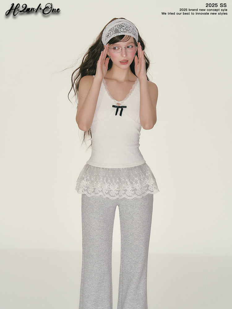 Slim Fit Top With See-Through Lace Hem