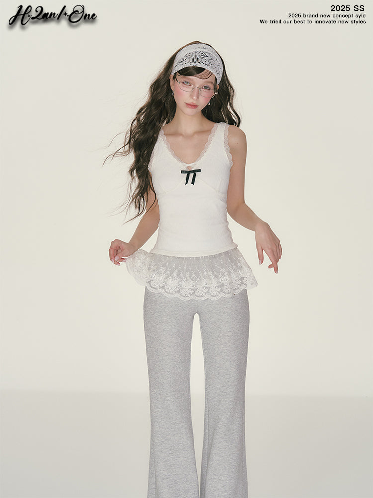 Slim Fit Top With See-Through Lace Hem