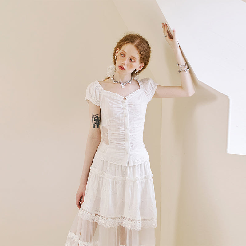 Lace Panel Square-Neck Blouse