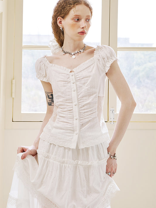 Lace Panel Square-Neck Blouse