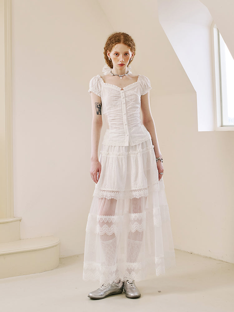 Lace Panel Square-Neck Blouse