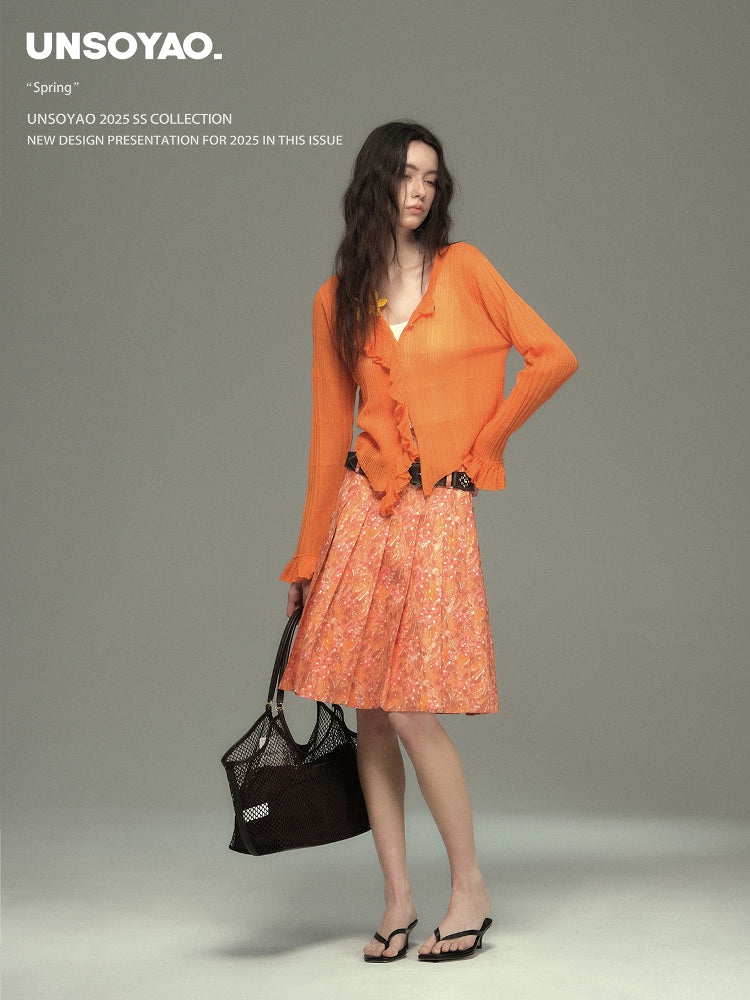 Abstract Print Pleated Skirt With Floral Belt