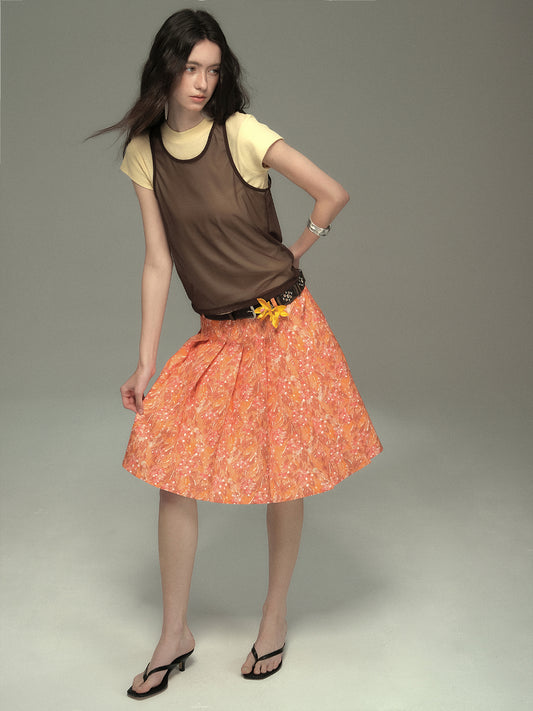 Abstract Print Pleated Skirt With Floral Belt