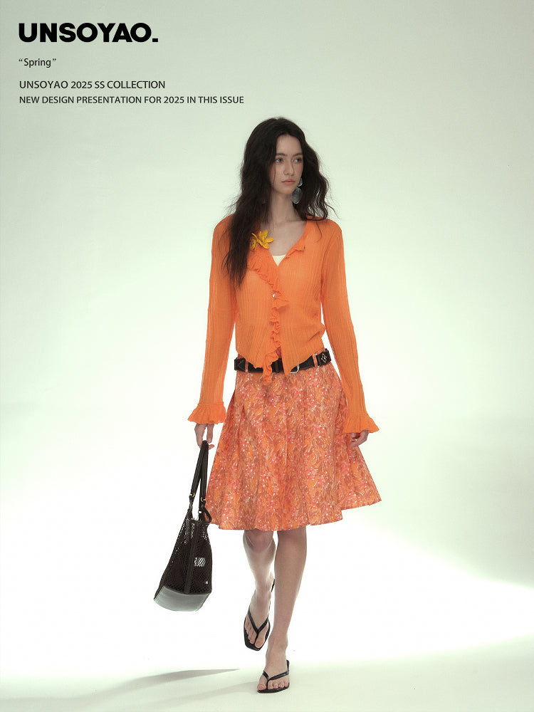 Abstract Print Pleated Skirt With Floral Belt