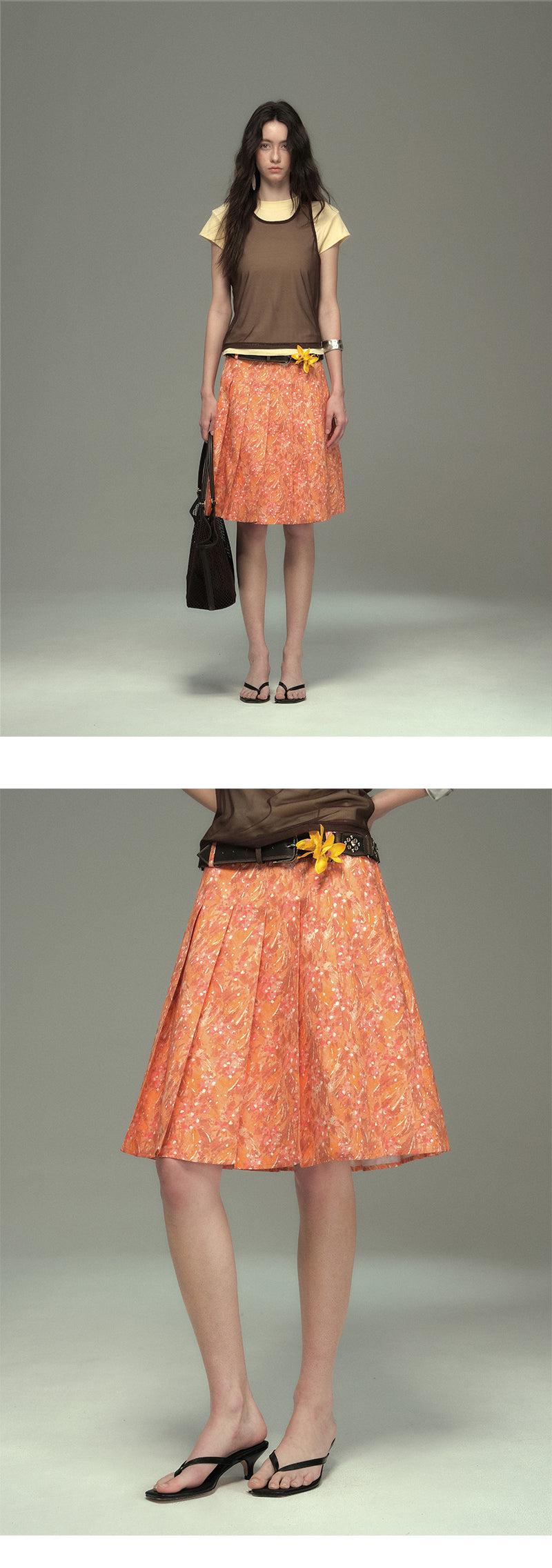 Abstract Print Pleated Skirt With Floral Belt