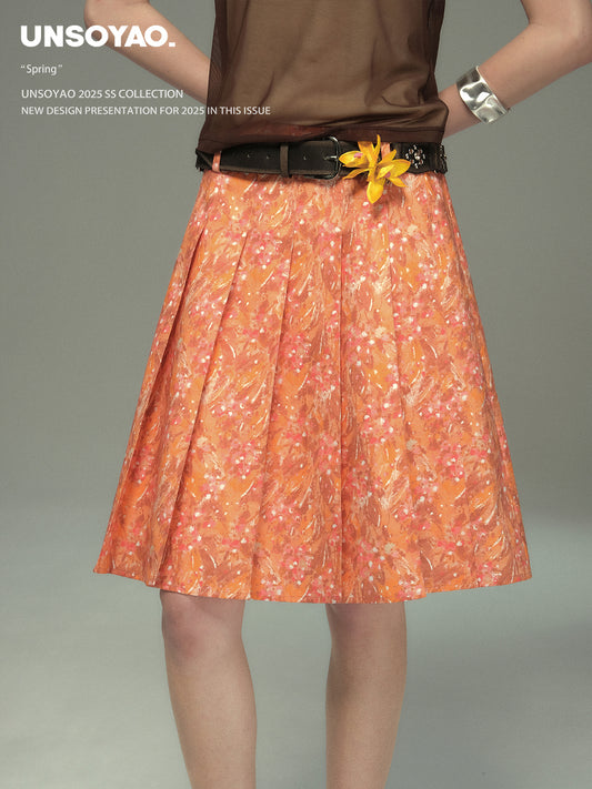 Abstract Print Pleated Skirt With Floral Belt
