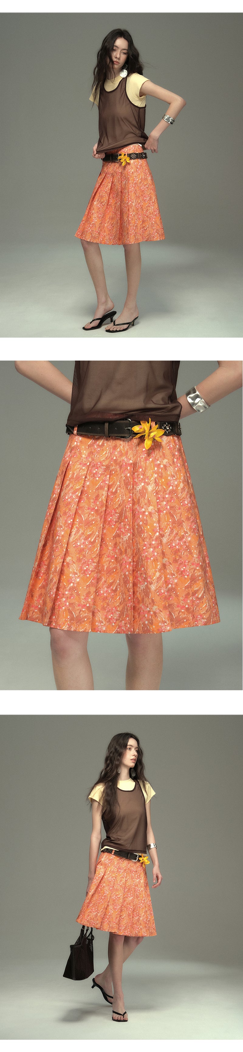 Abstract Print Pleated Skirt With Floral Belt
