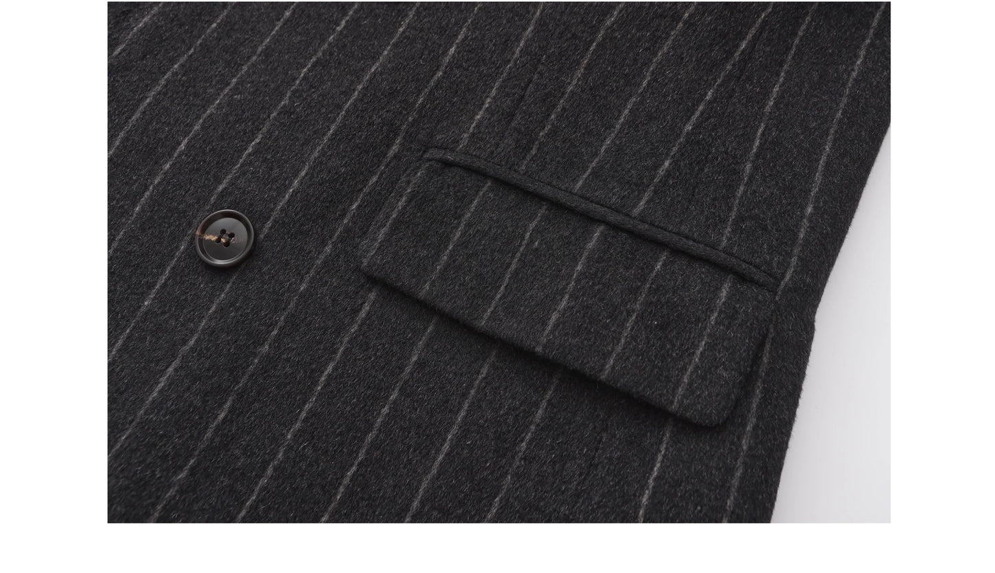 Shoulder Padded Striped Wool Blend Coat