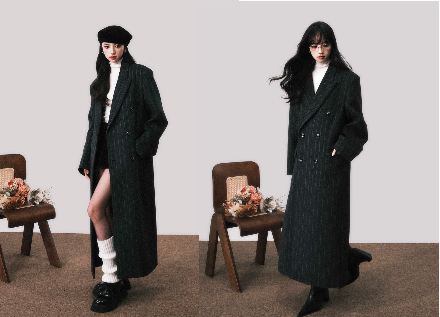 Shoulder Padded Striped Wool Blend Coat