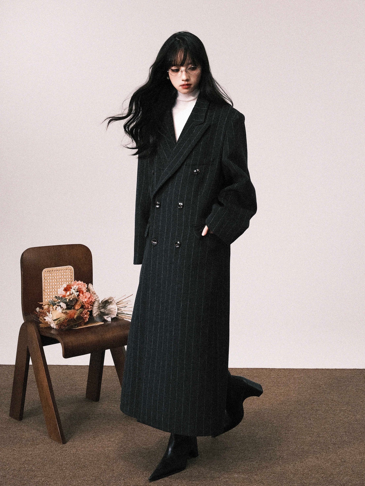 Shoulder Padded Striped Wool Blend Coat