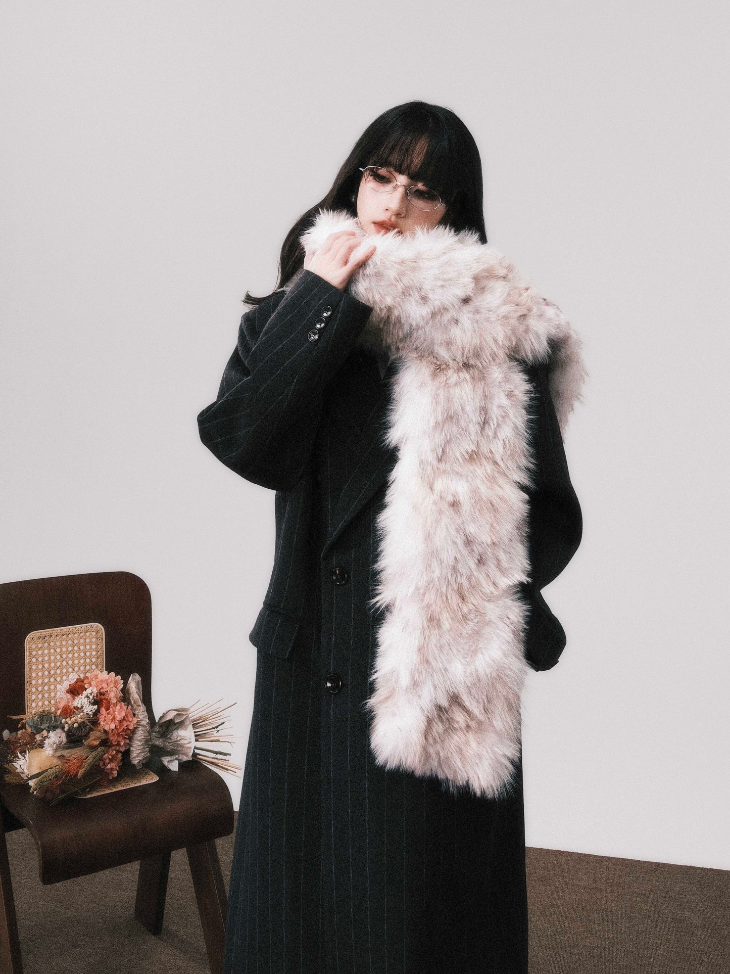 Shoulder Padded Striped Wool Blend Coat