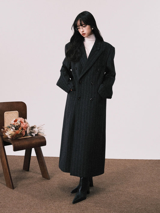 Shoulder Padded Striped Wool Blend Coat