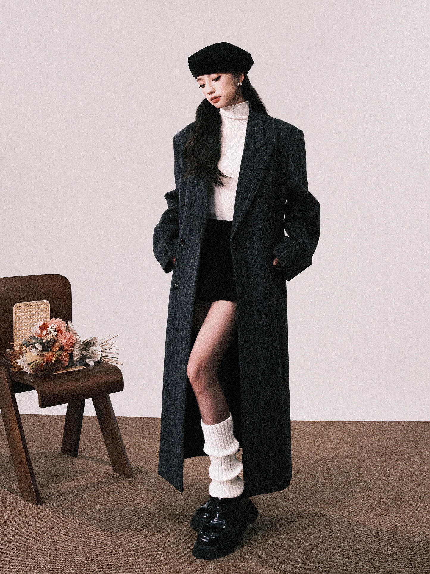 Shoulder Padded Striped Wool Blend Coat