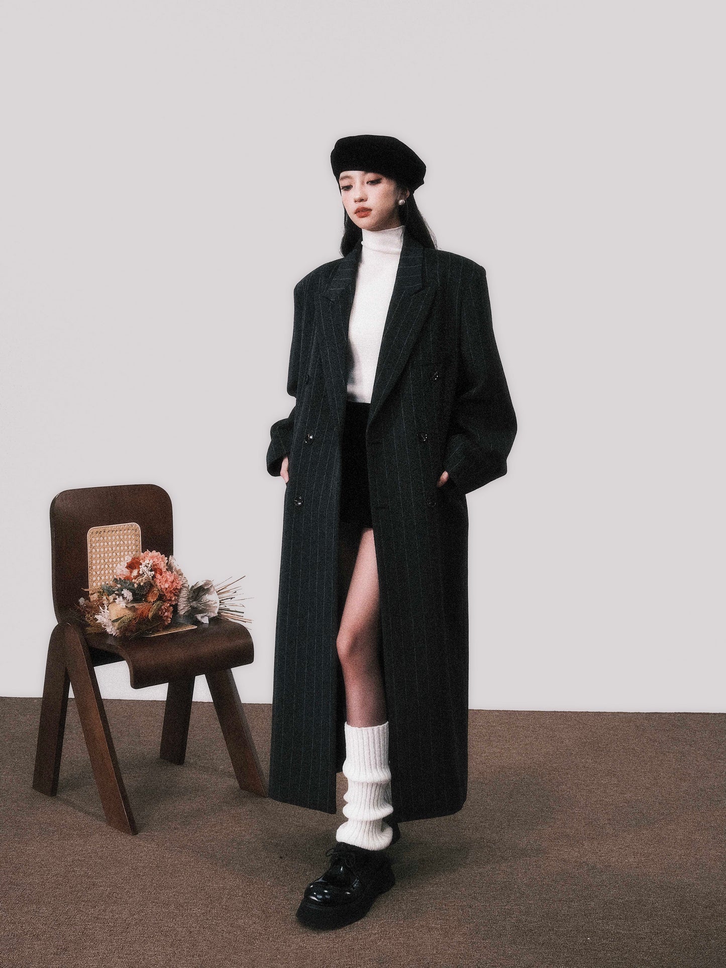 Shoulder Padded Striped Wool Blend Coat