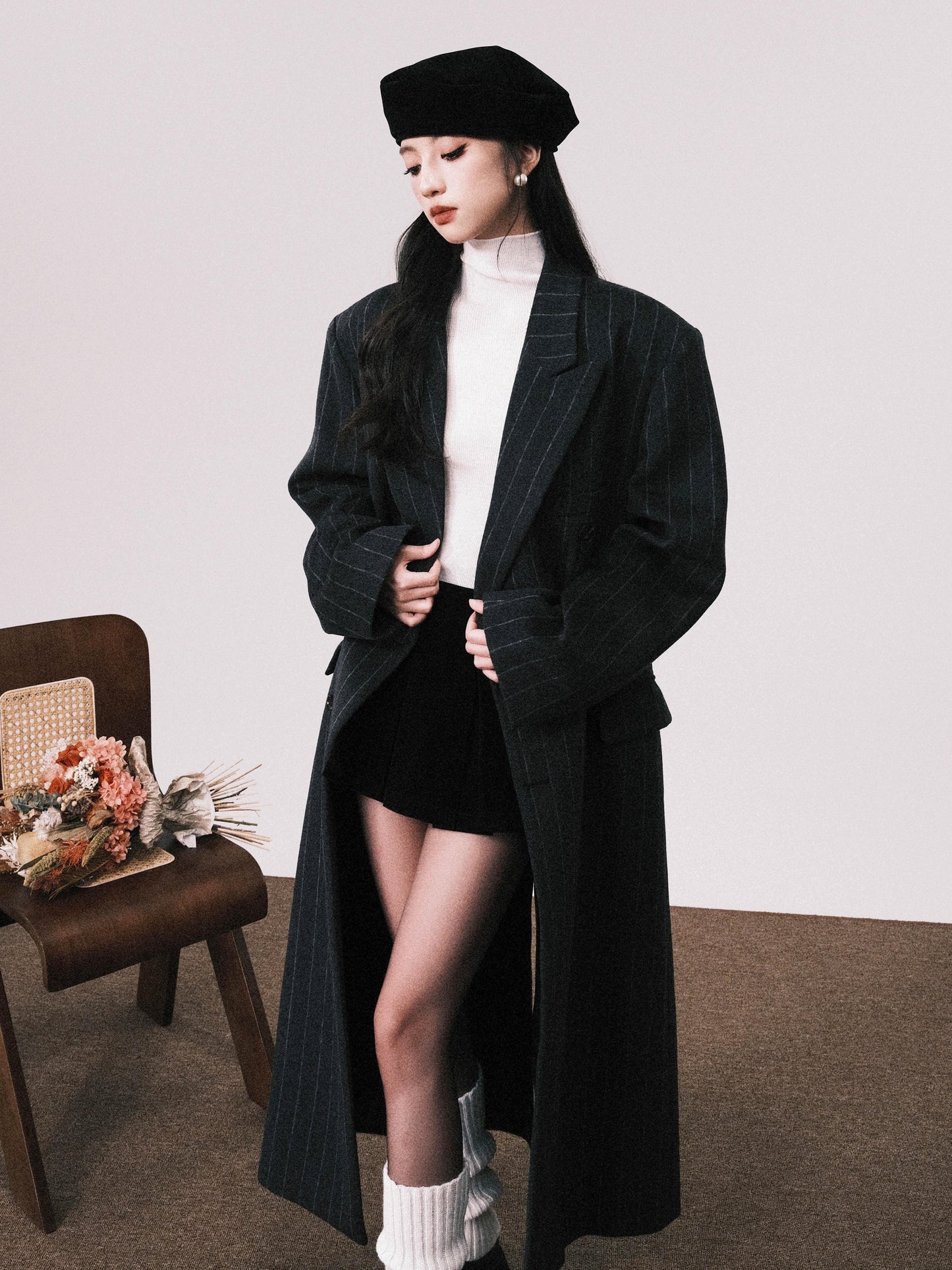 Shoulder Padded Striped Wool Blend Coat