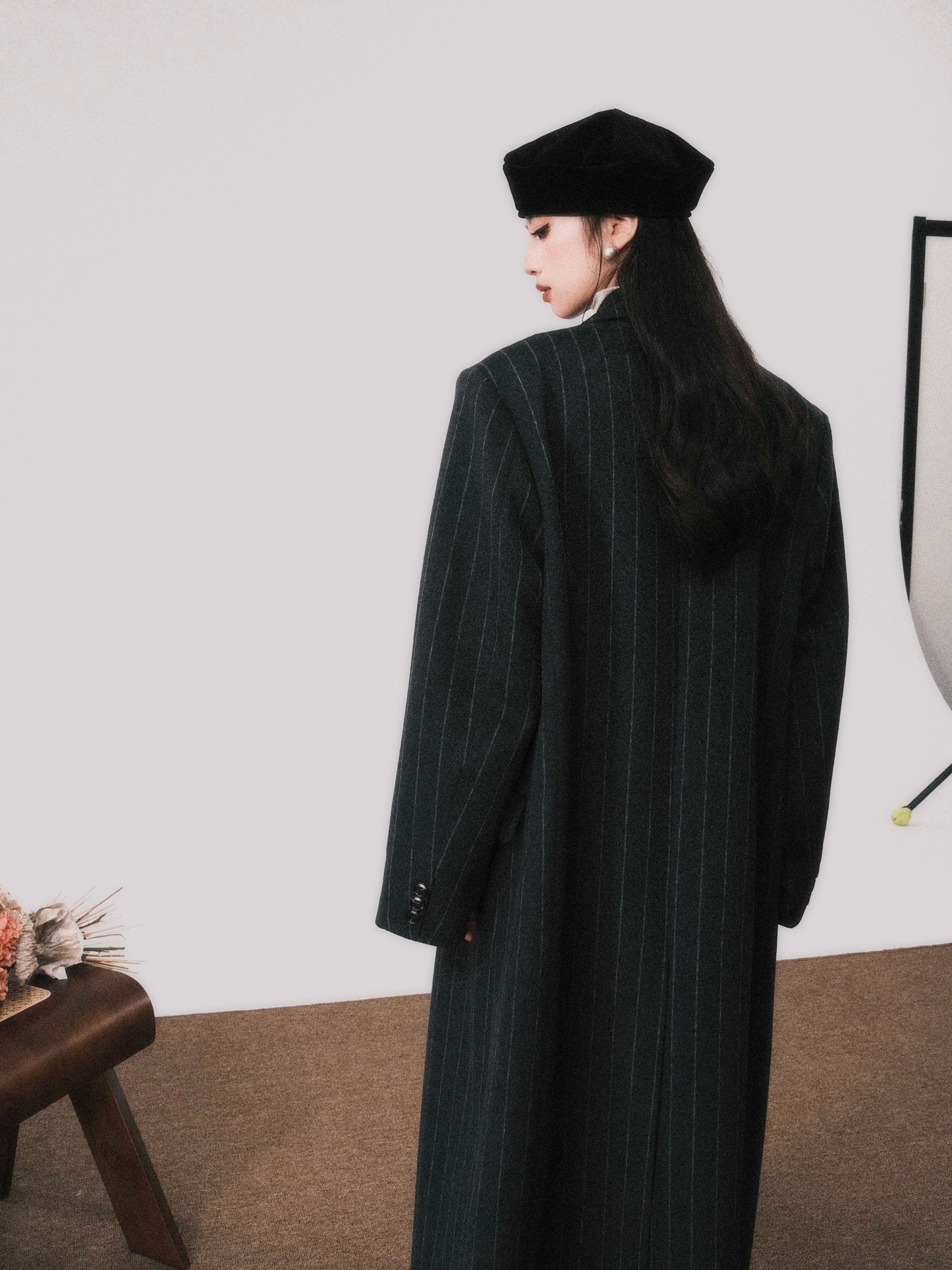 Shoulder Padded Striped Wool Blend Coat