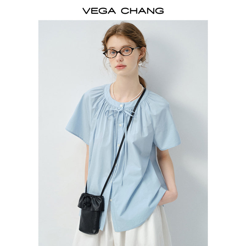 Minimal Blouse With Round Gathered Neck And Tie Detail