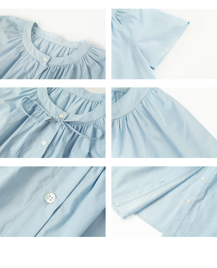 Minimal Blouse With Round Gathered Neck And Tie Detail