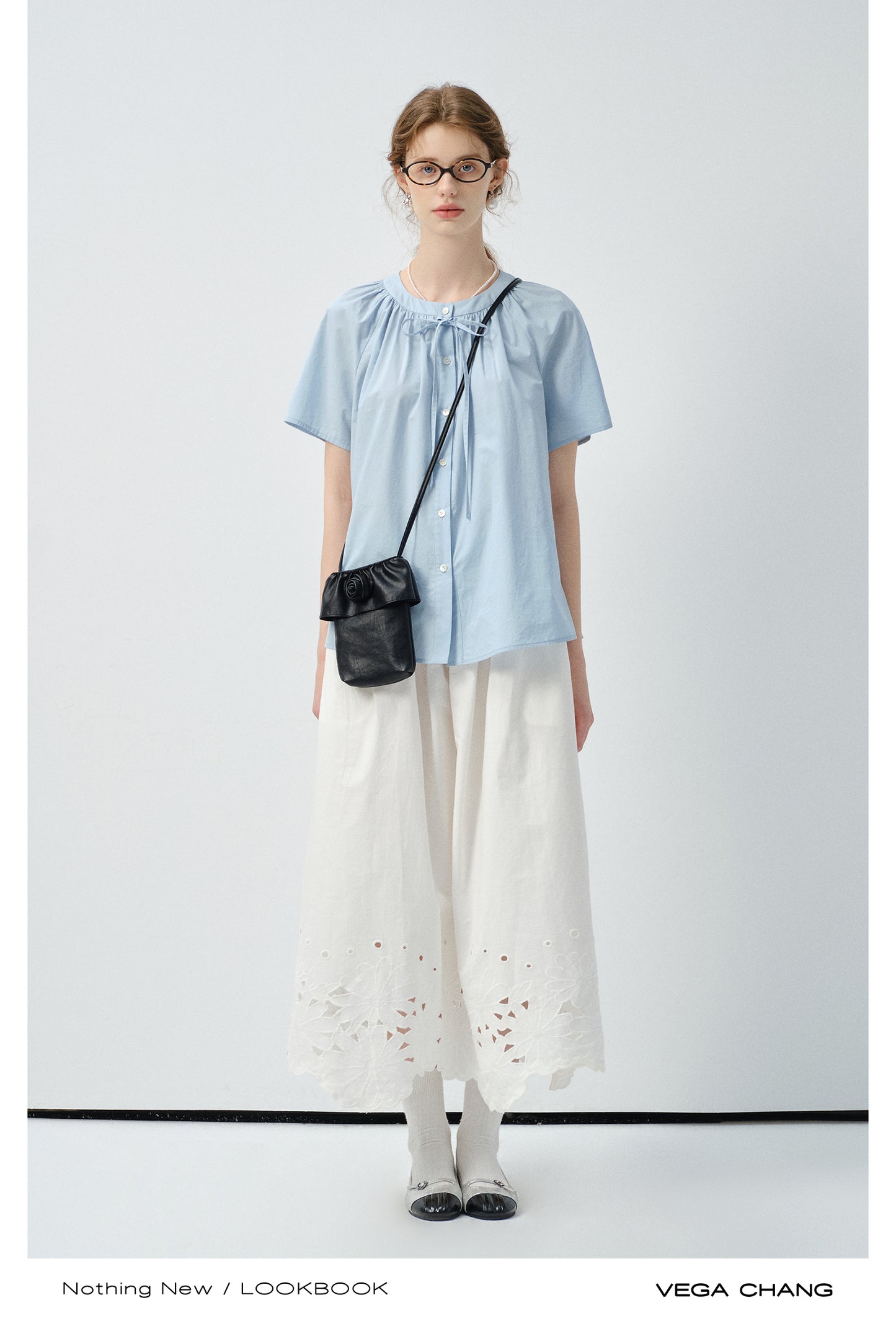 Minimal Blouse With Round Gathered Neck And Tie Detail