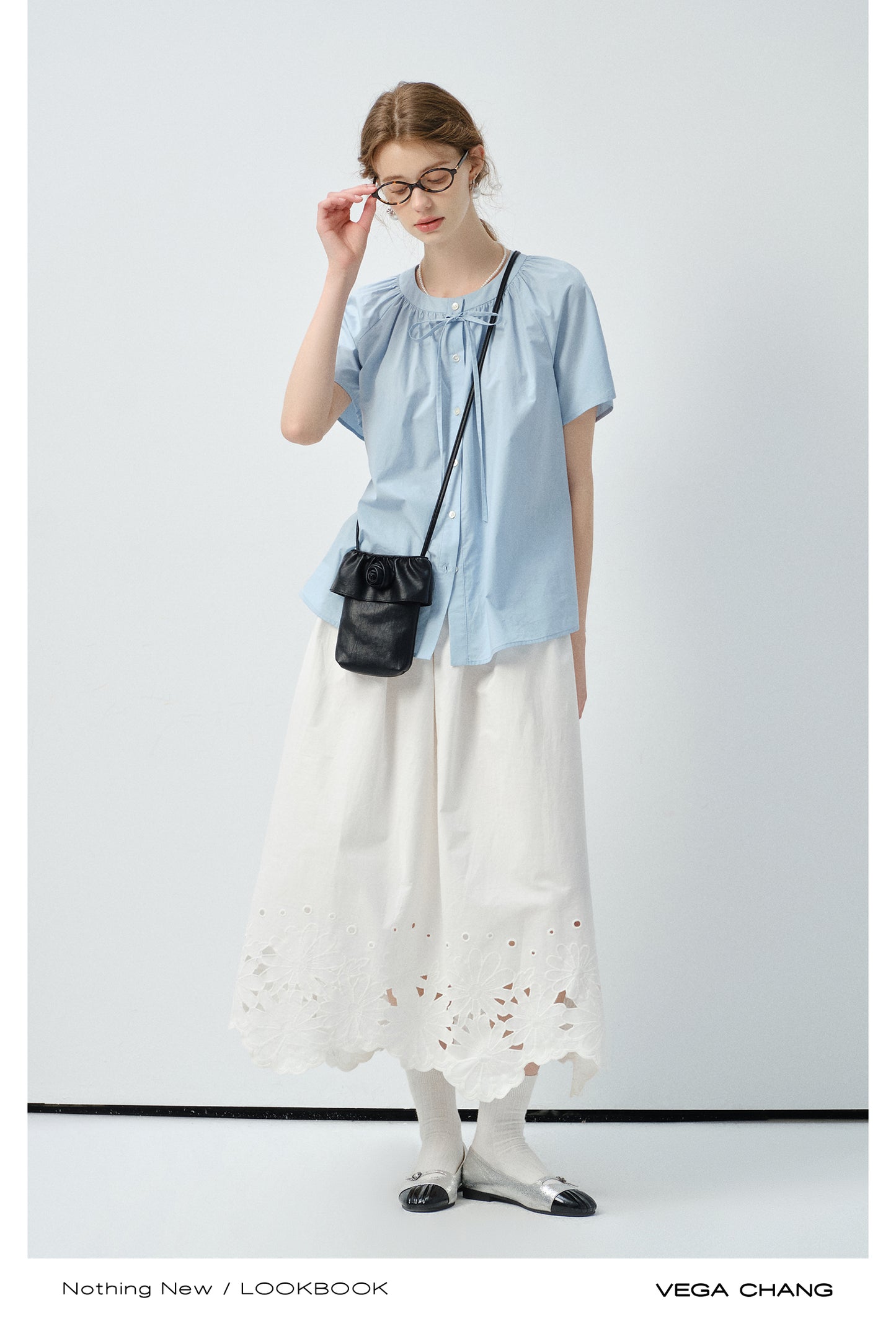 Minimal Blouse With Round Gathered Neck And Tie Detail