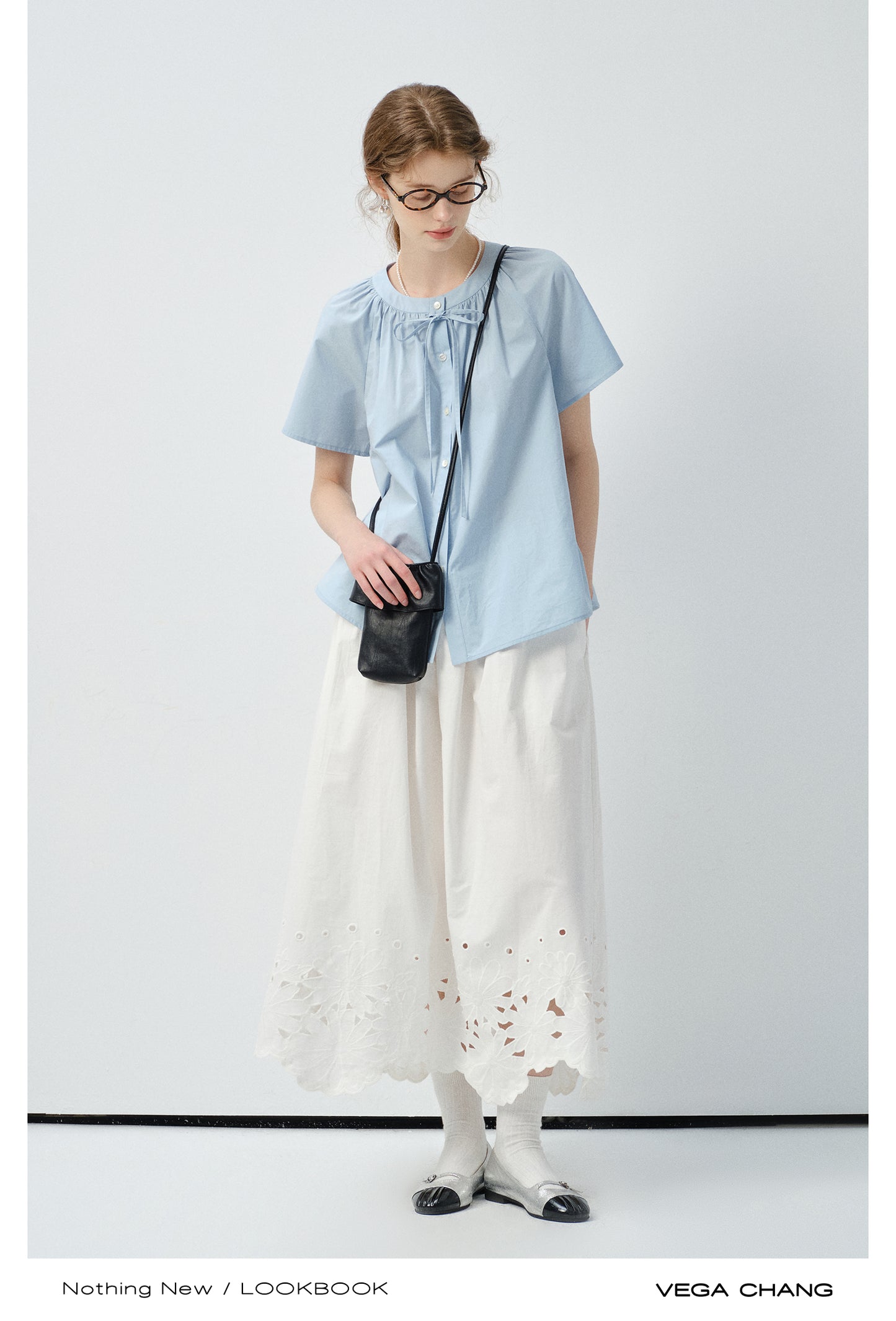 Minimal Blouse With Round Gathered Neck And Tie Detail