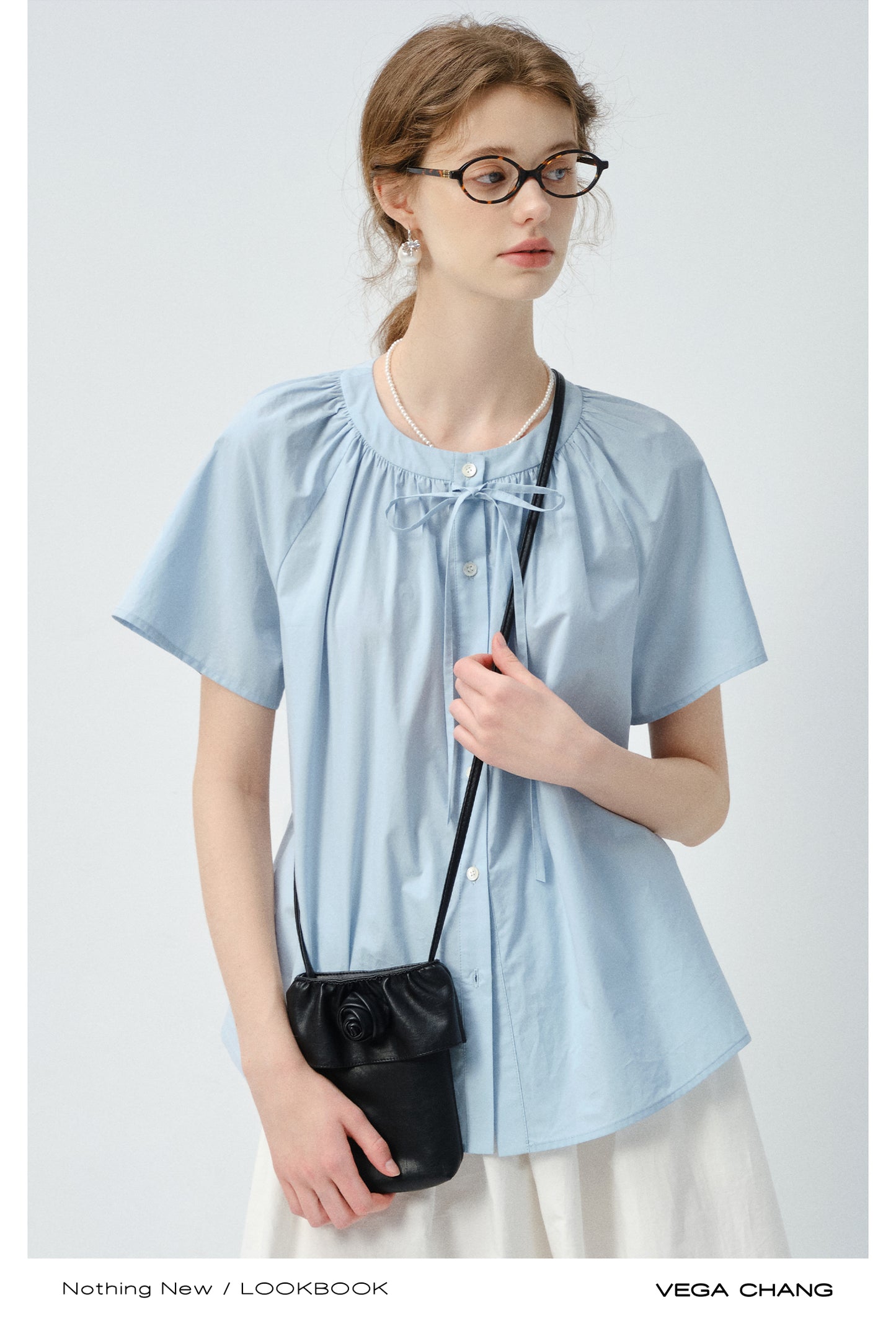 Minimal Blouse With Round Gathered Neck And Tie Detail