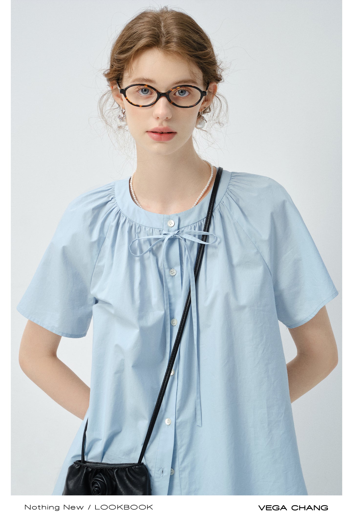 Minimal Blouse With Round Gathered Neck And Tie Detail