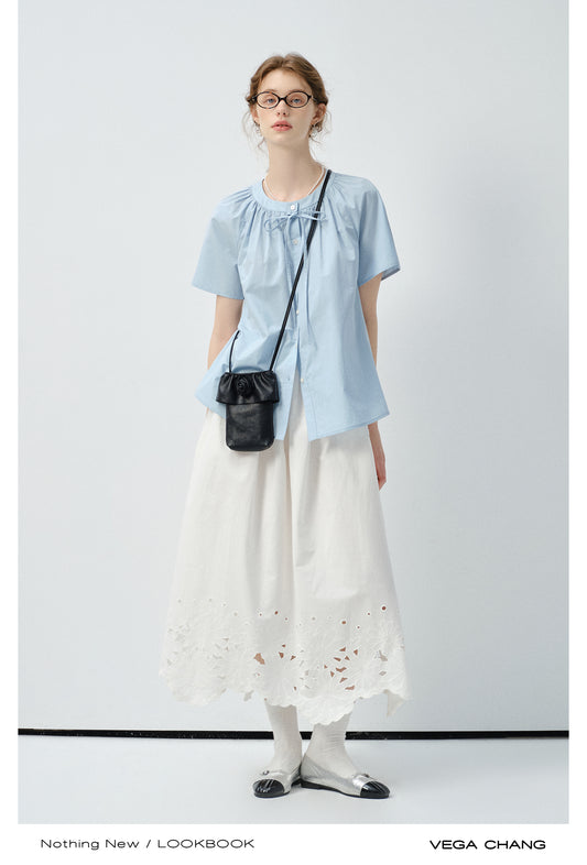 Minimal Blouse With Round Gathered Neck And Tie Detail