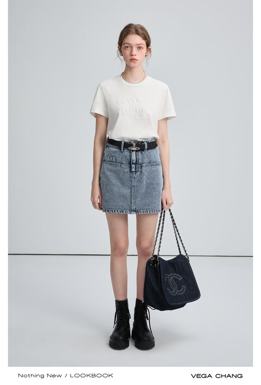 Monochrome Letter Embroidered Cotton T-Shirt