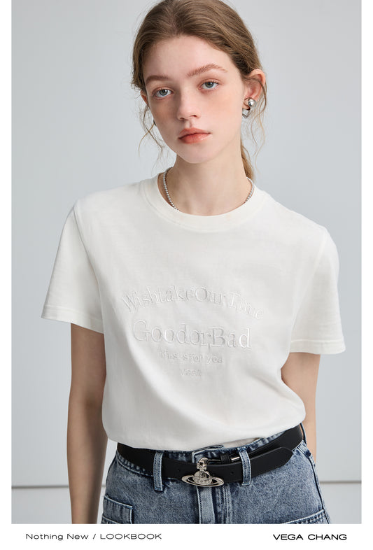 Monochrome Letter Embroidered Cotton T-Shirt