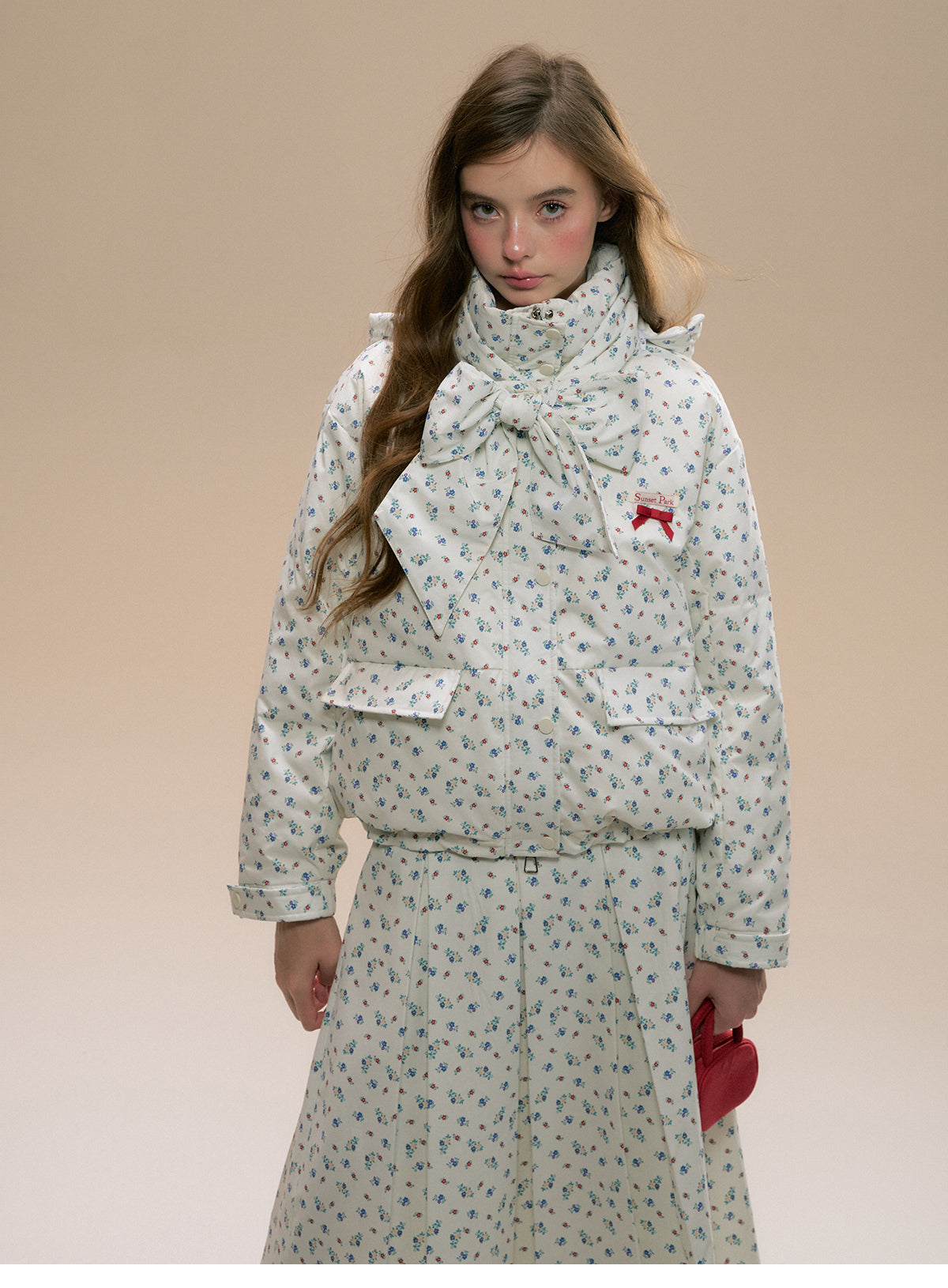 Floral Hooded Puffer Jacket, Matching Pleated Skirt