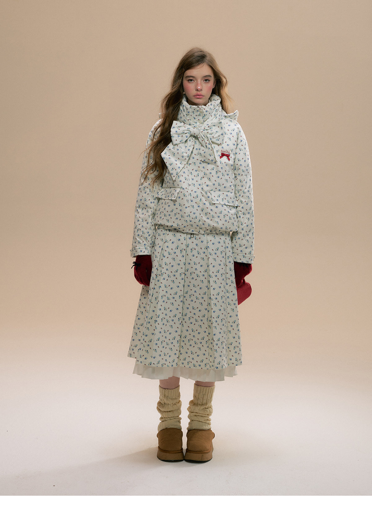 Floral Hooded Puffer Jacket, Matching Pleated Skirt