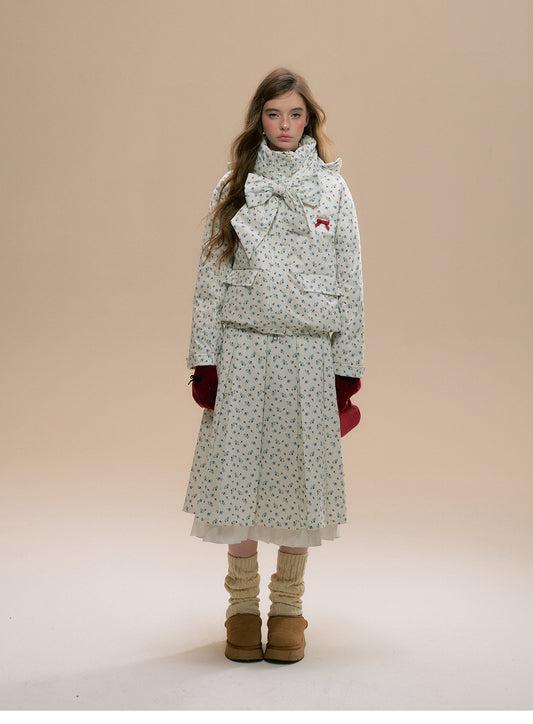 Floral Hooded Puffer Jacket, Matching Pleated Skirt