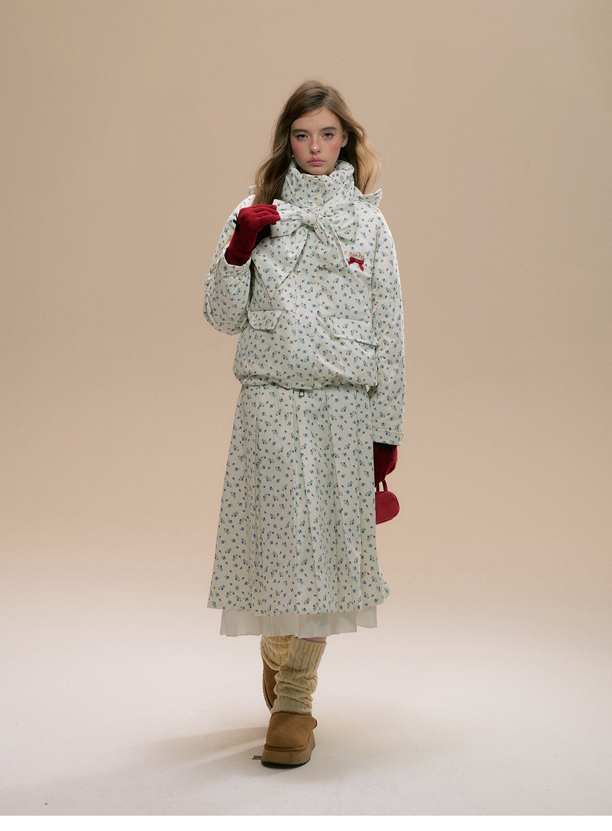 Floral Hooded Puffer Jacket, Matching Pleated Skirt