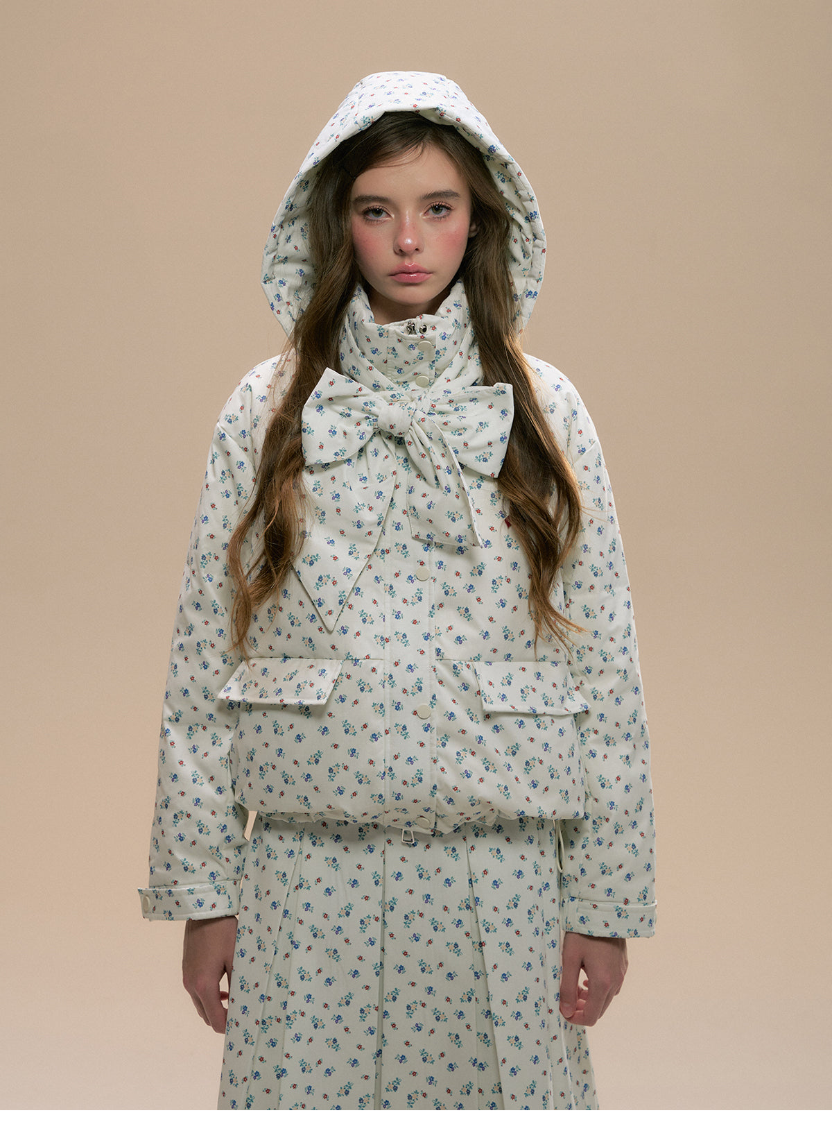 Floral Hooded Puffer Jacket, Matching Pleated Skirt