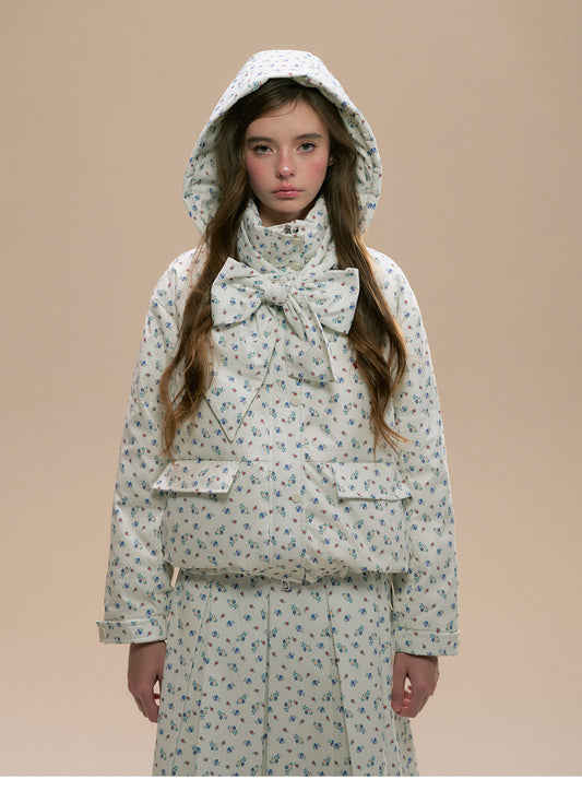 Floral Hooded Puffer Jacket, Matching Pleated Skirt