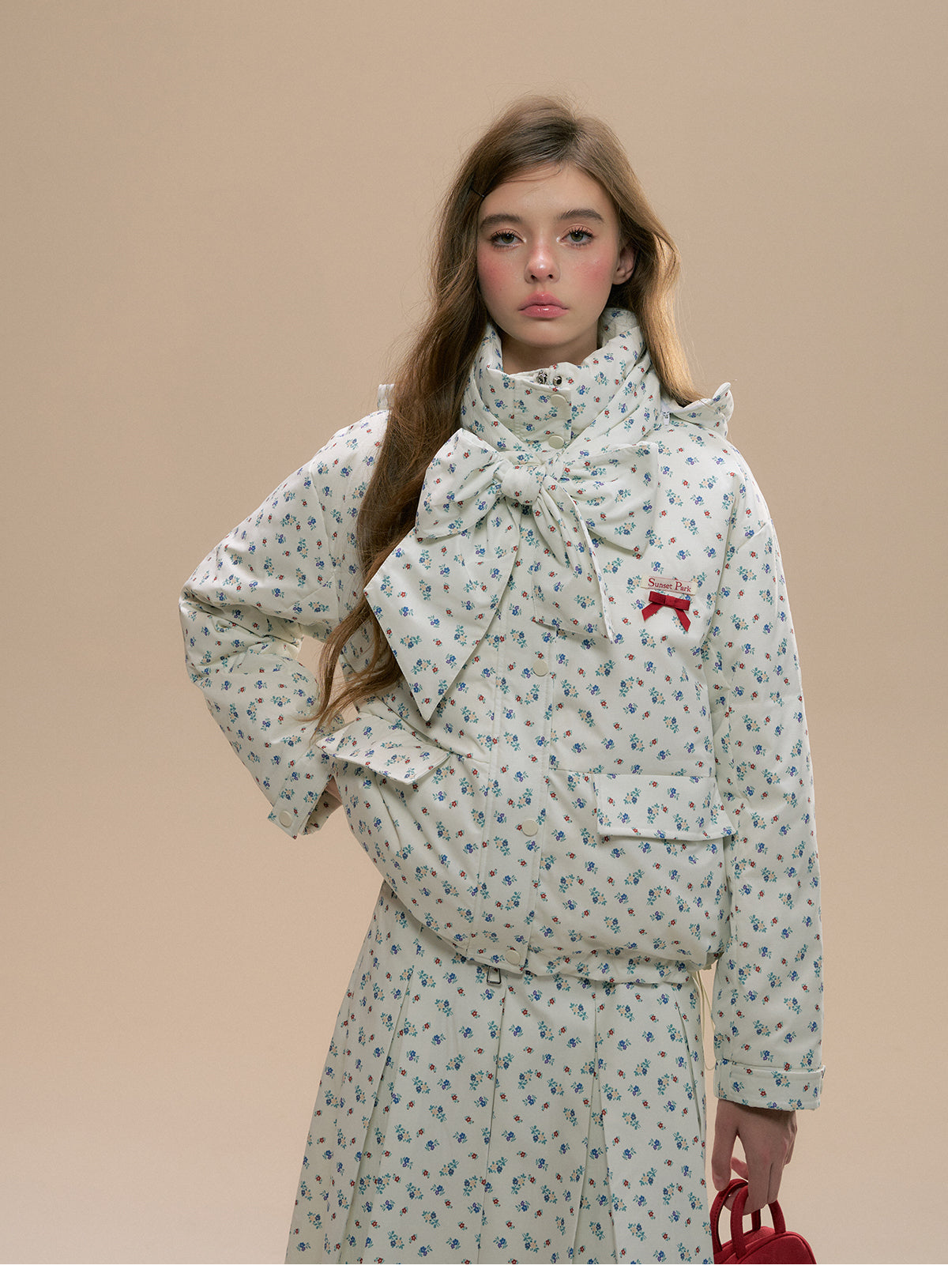 Floral Hooded Puffer Jacket, Matching Pleated Skirt