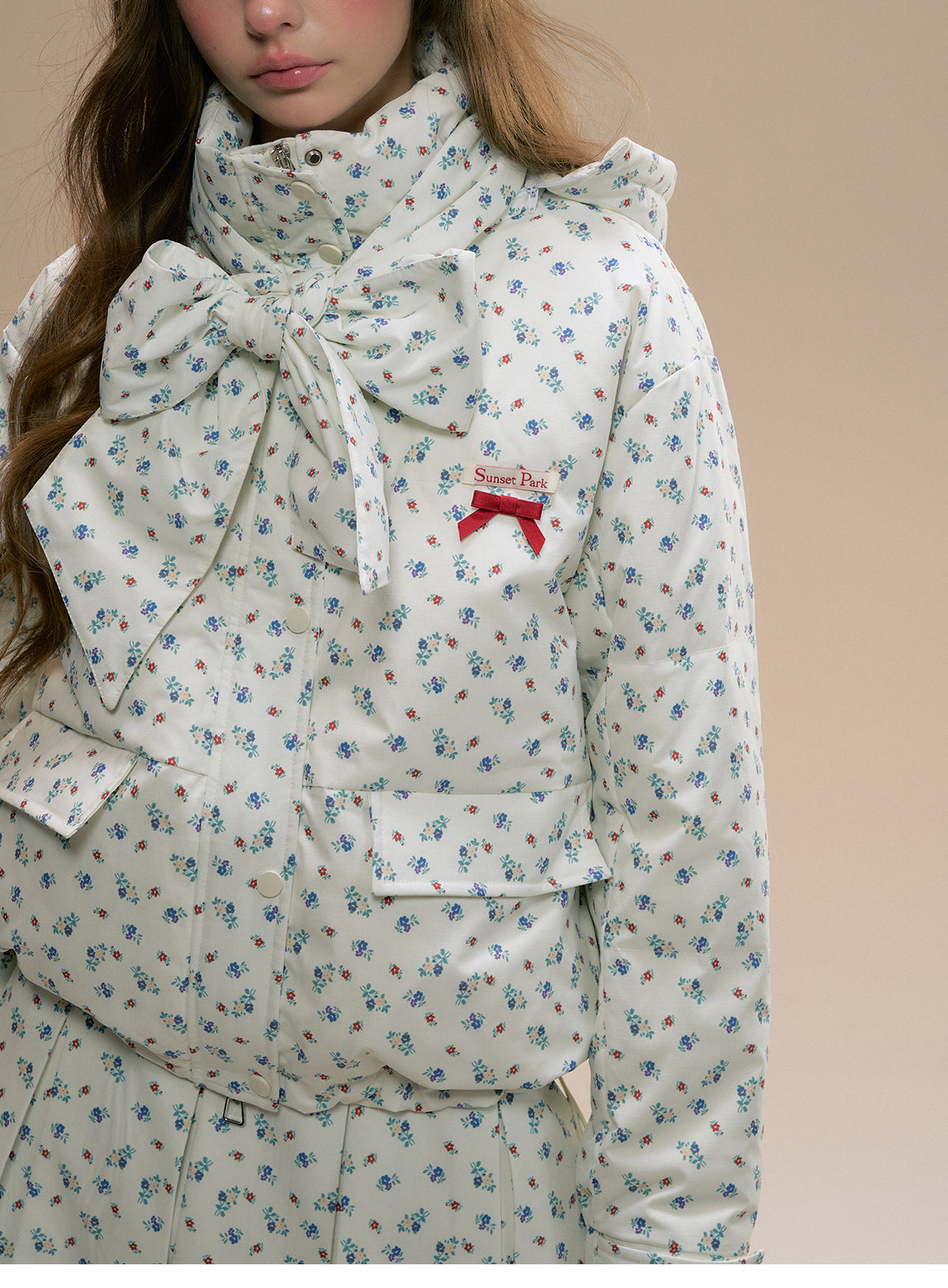 Floral Hooded Puffer Jacket, Matching Pleated Skirt