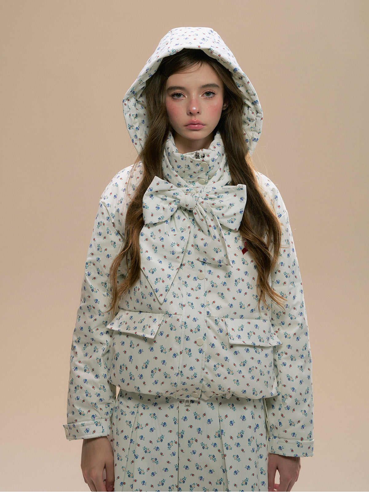 Floral Hooded Puffer Jacket, Matching Pleated Skirt