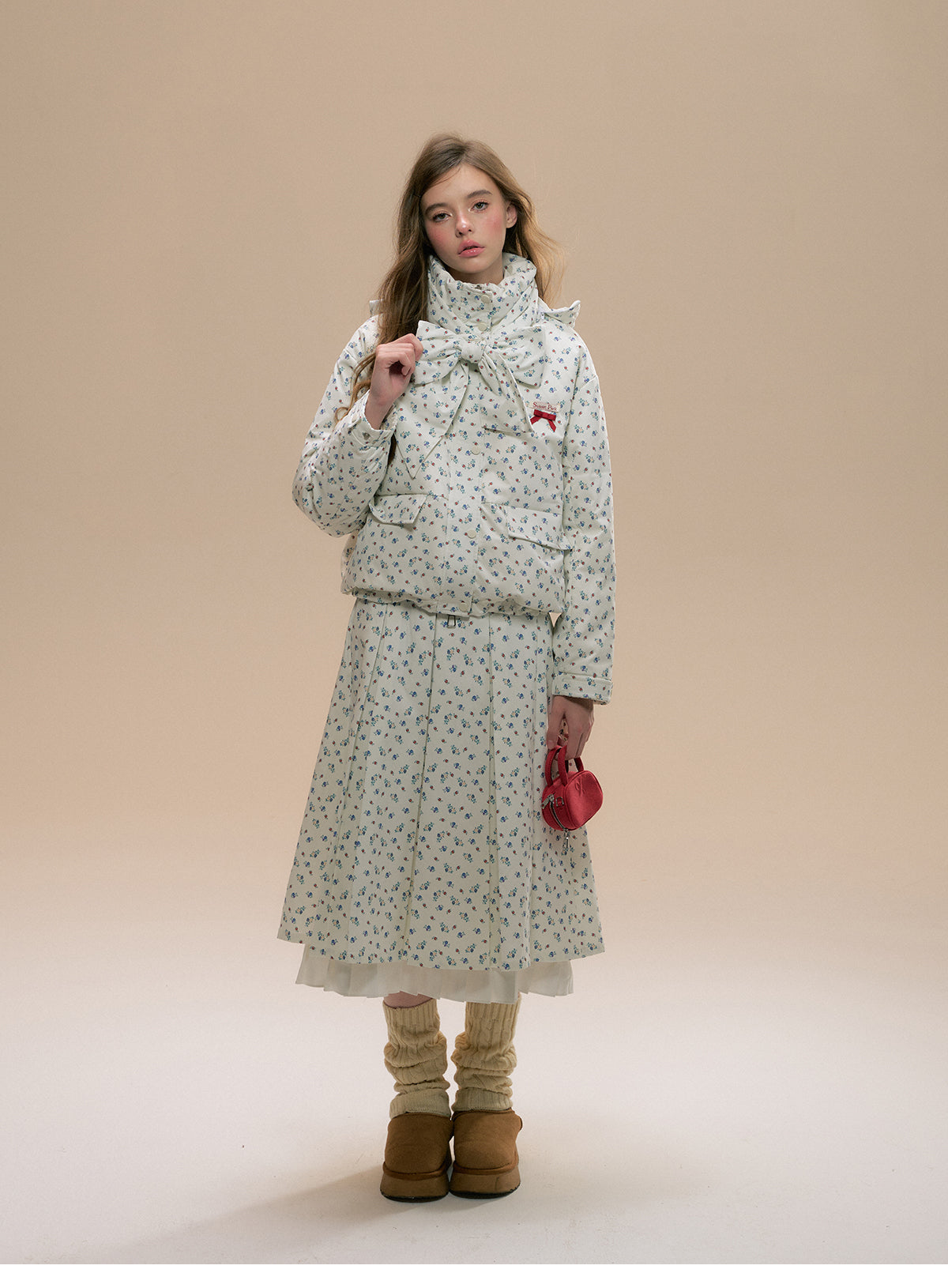 Floral Hooded Puffer Jacket, Matching Pleated Skirt
