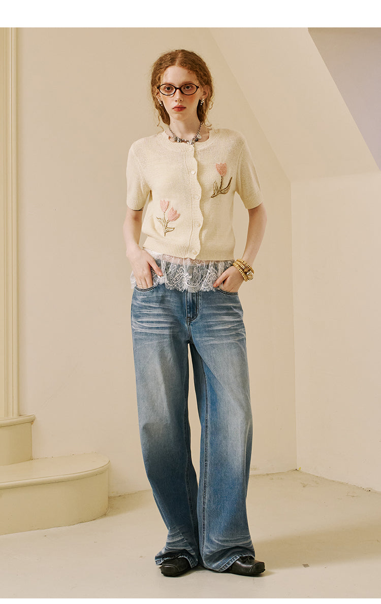 Wide-Leg Jeans With Swallow Embroidery