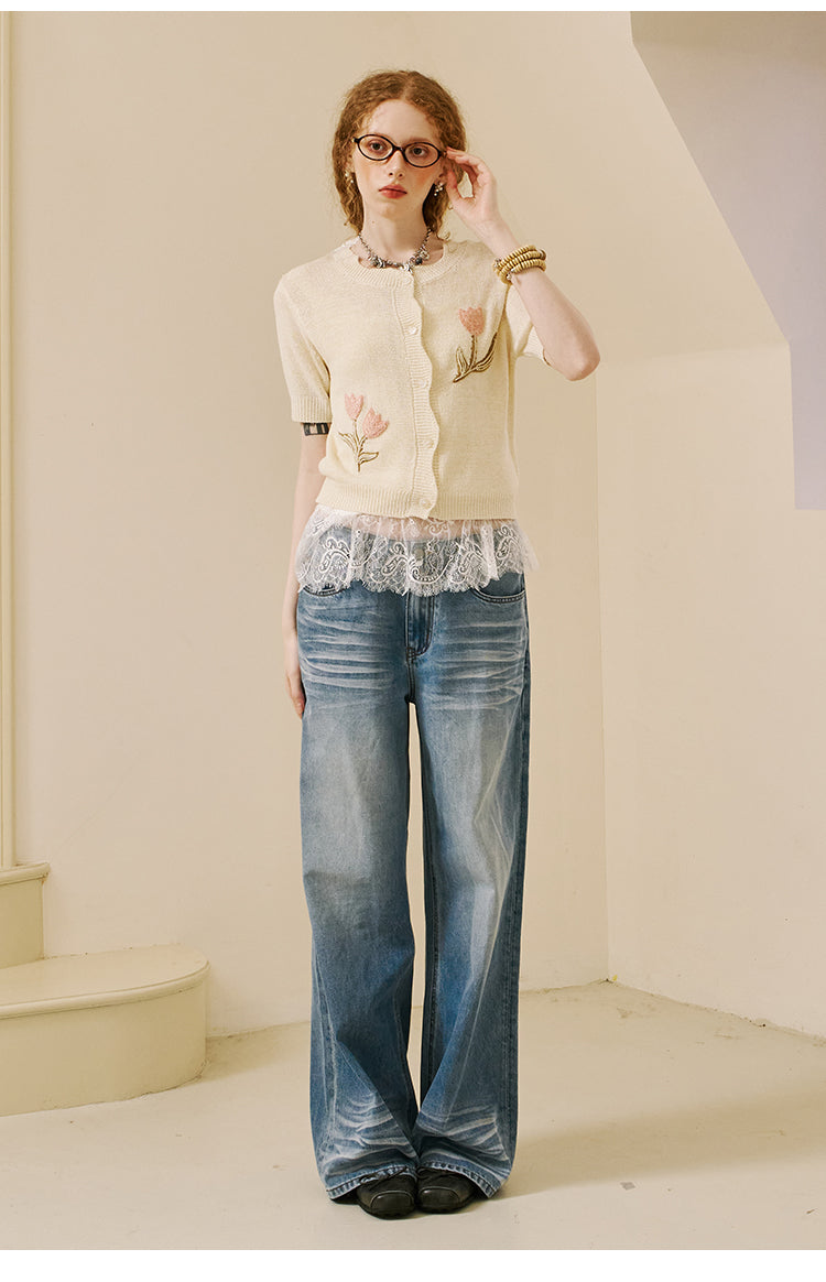 Wide-Leg Jeans With Swallow Embroidery