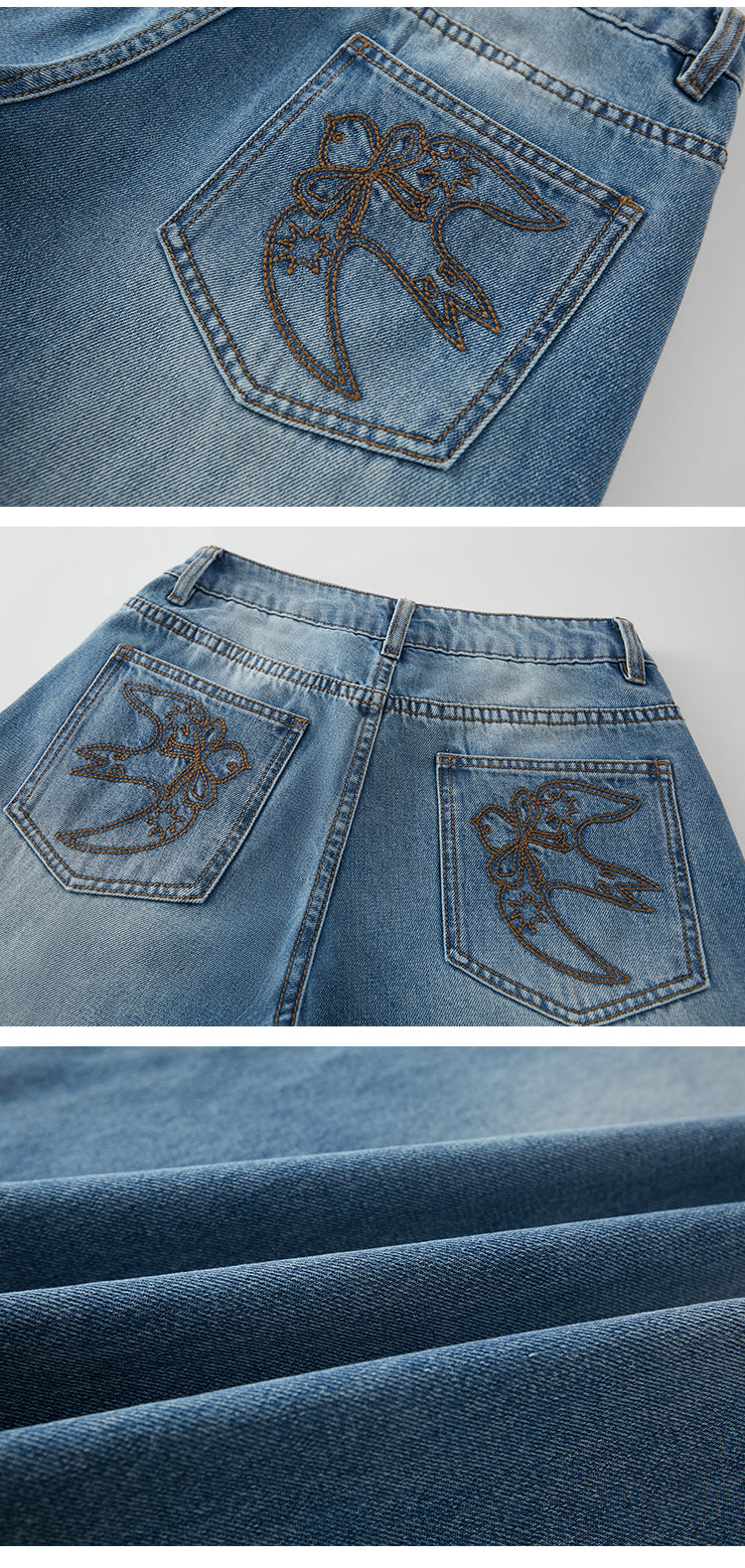 Wide-Leg Jeans With Swallow Embroidery