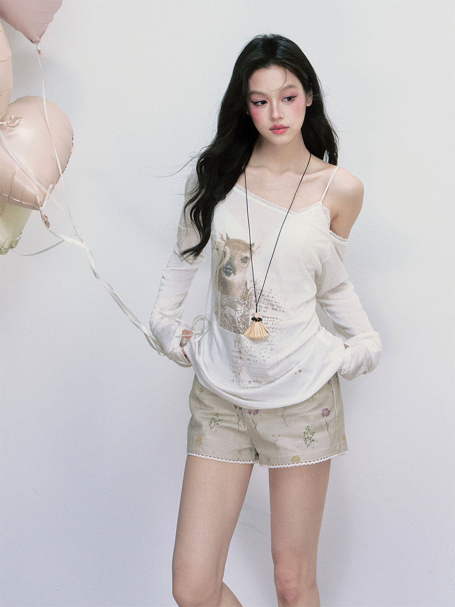 One-Shoulder T-Shirt With Deer Motif