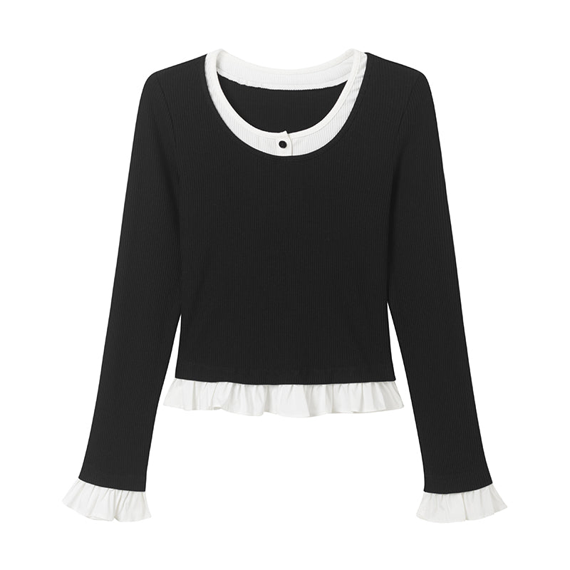Faux Layered Frilled Hem And Sleeve Top