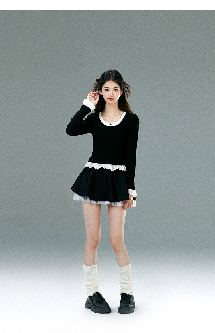Faux Layered Frilled Hem And Sleeve Top