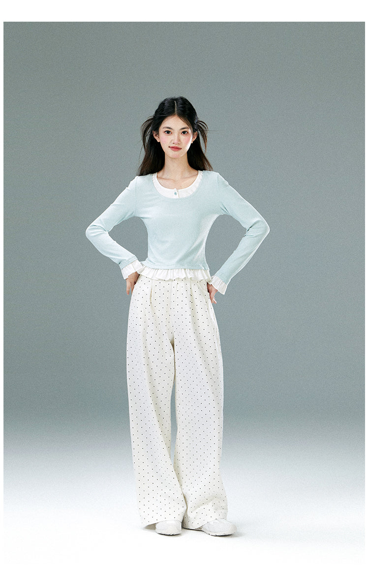 Faux Layered Frilled Hem And Sleeve Top