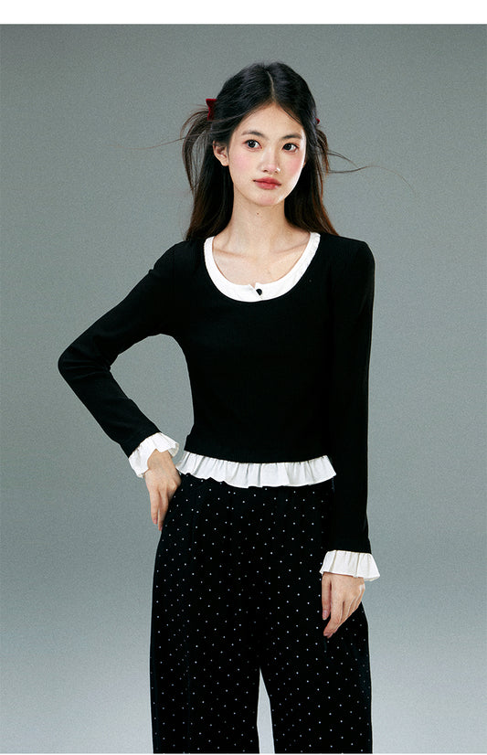 Faux Layered Frilled Hem And Sleeve Top