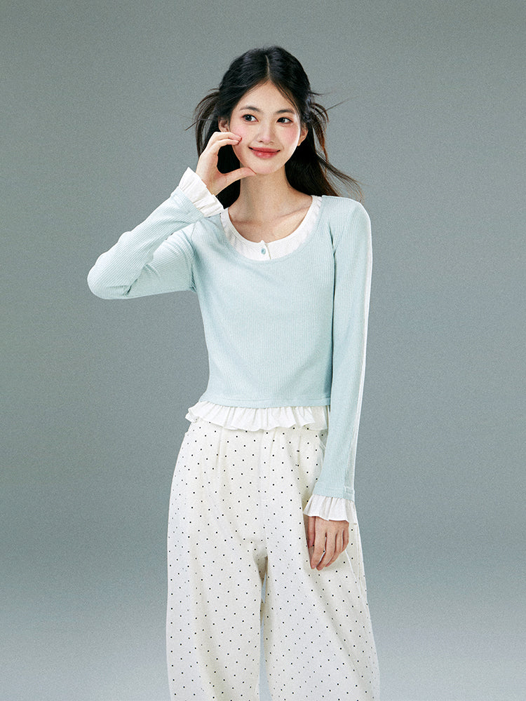 Faux Layered Frilled Hem And Sleeve Top