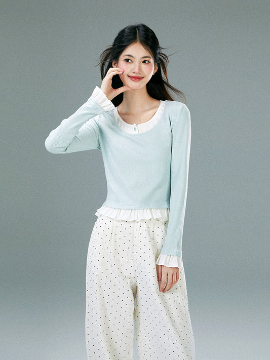 Faux Layered Frilled Hem And Sleeve Top